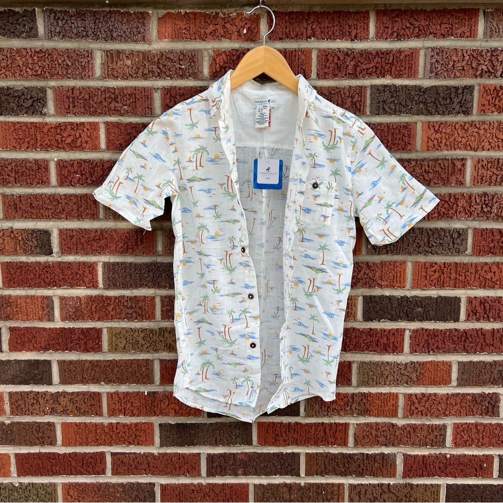 Caribbean Joe Boy’s White and Tropical Beach Print Linen Short Sleeve Top